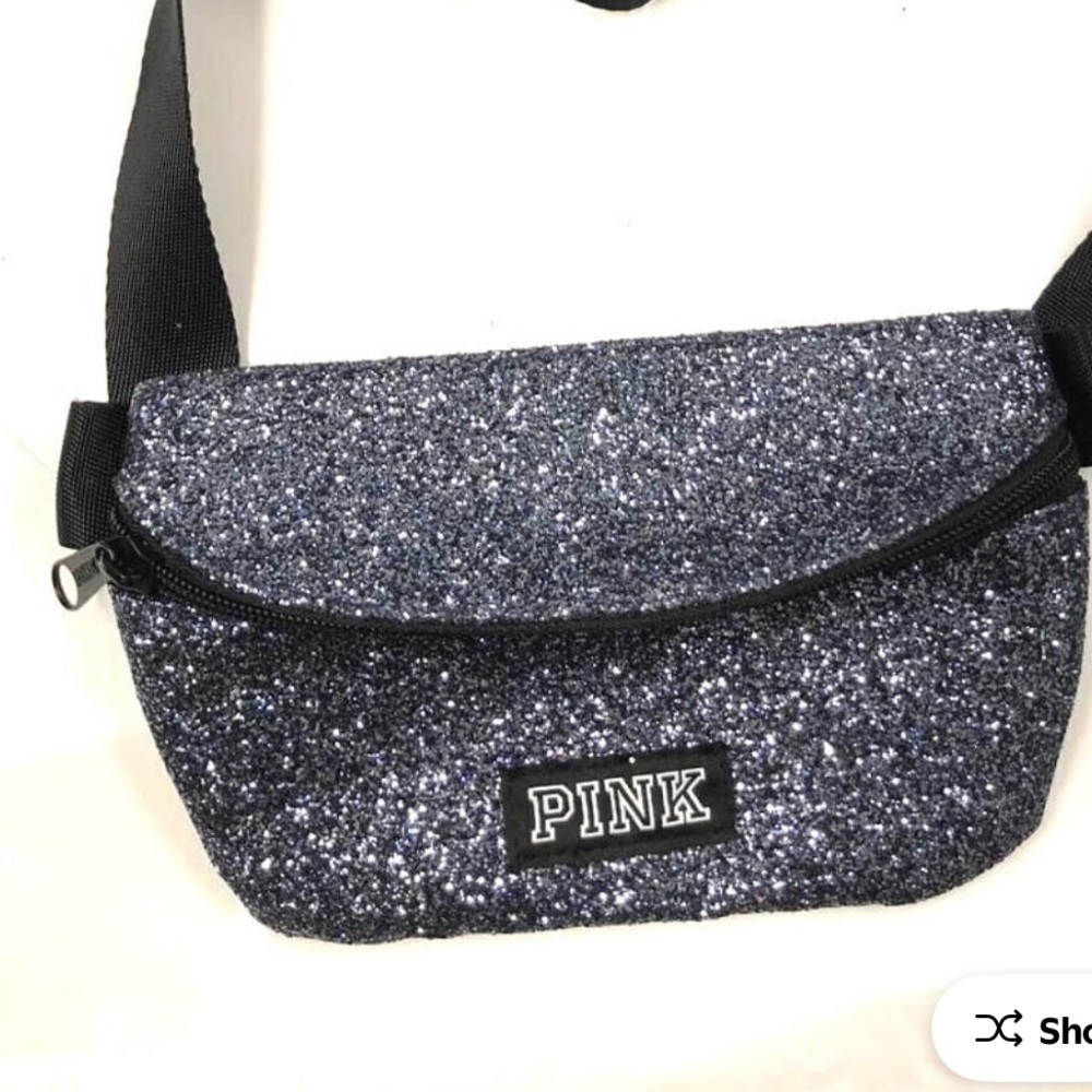 PINK Victoria's Secret Glitter Crossbody belt , Fanny Bag - Black and Silver NWT